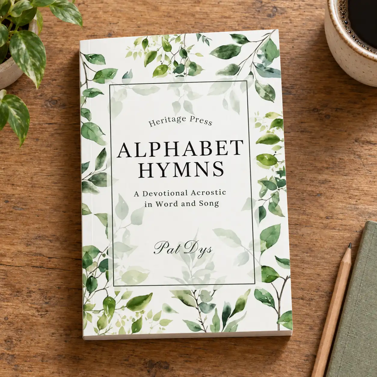 Alphabet Hymns paperback on a wooden table with quiet reading essentials