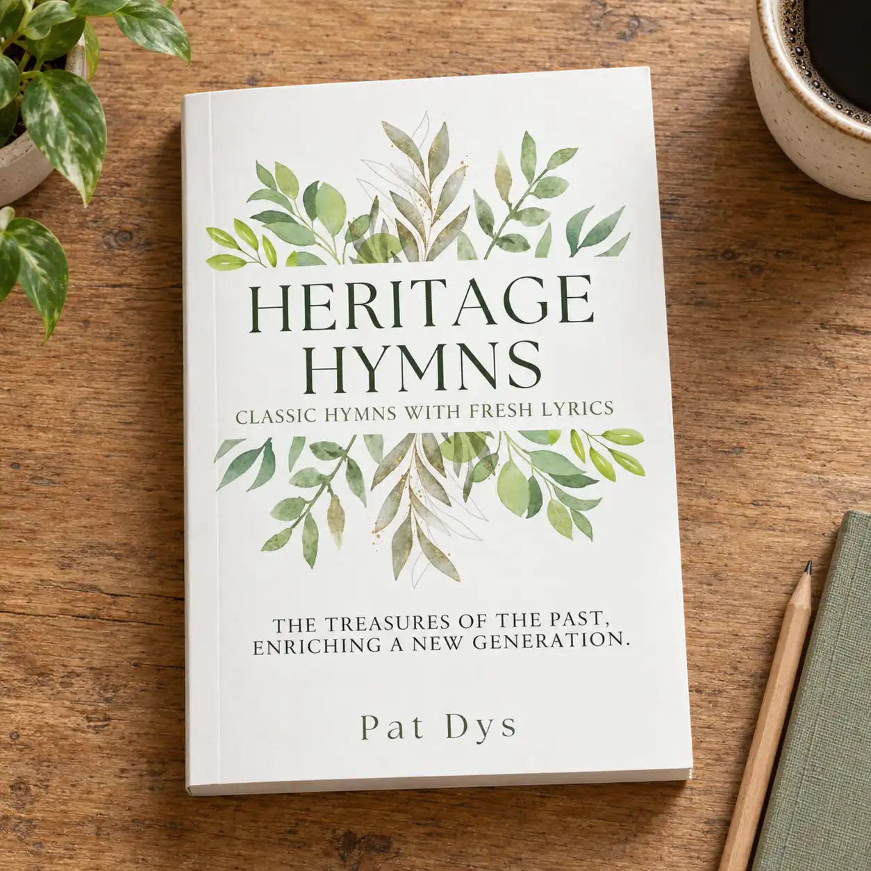 Heritage Hymns paperback on a wooden table with quiet reading essentials