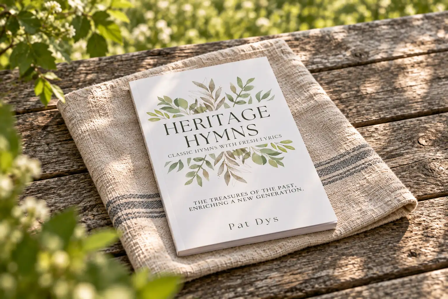 Heritage Hymns on linen and weathered wood in a sunlit garden