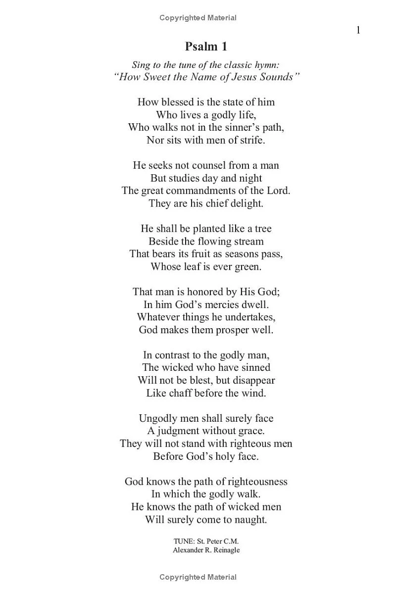 Psalm 1 from Heritage Psalter, with the suggested hymn beneath the title and St. Peter C.M. at the foot of the page.